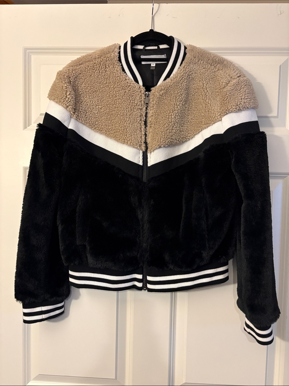 John + Jenn Two-Tone Faux Fur Bomber Jacket in Black & Tan